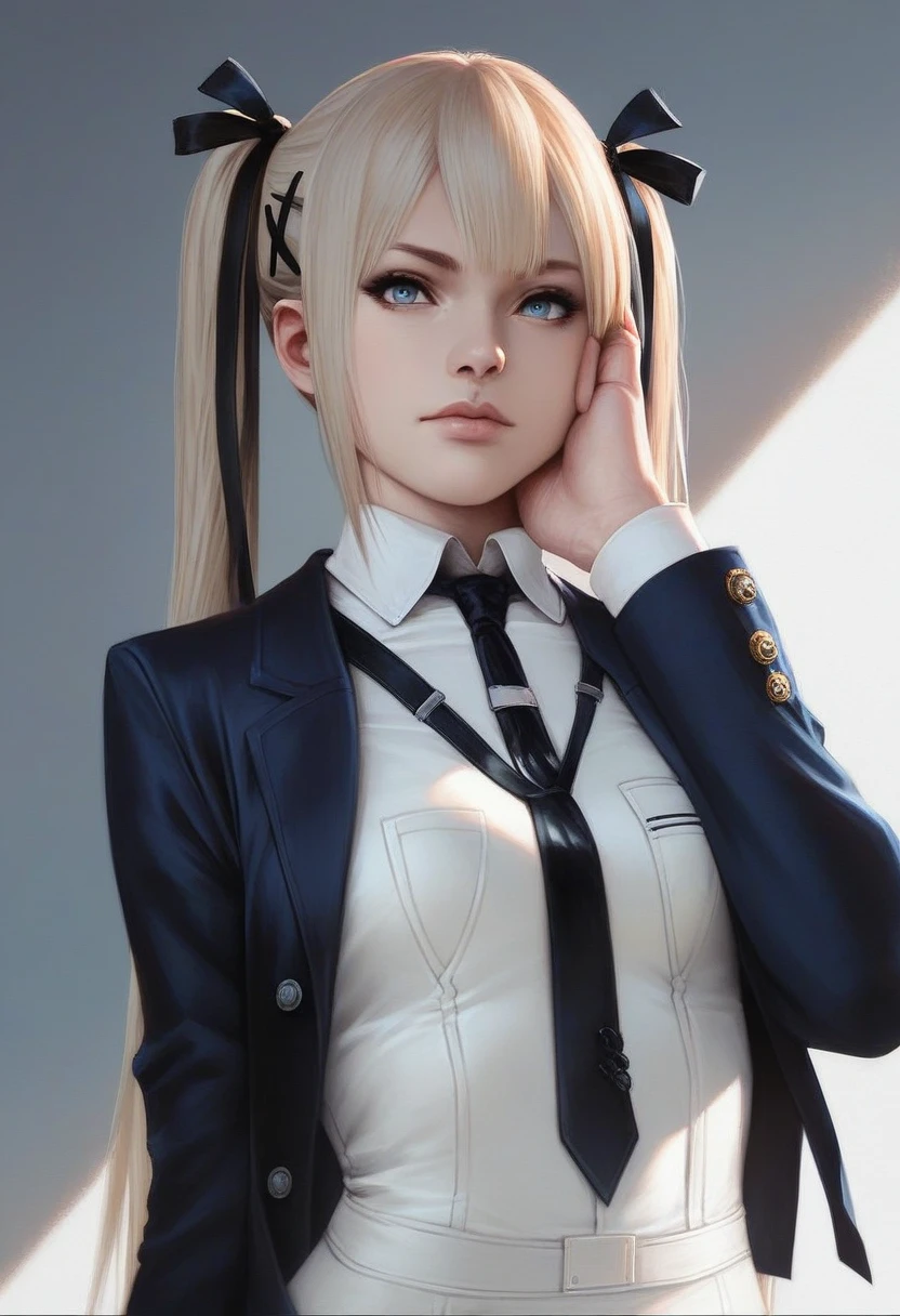 1girl,solo,intricate details,realistic,hand on own cheek,upper body,soft lighting,intense shadows,looking at viewer,(long eyelashes:0.5),closed mouth,marie rose, skirt suit, (((three-piece suit))), (((dress shirt))), (((necktie))), (((blazer))), (((suit jacket))), (((waistcoat))), double-breasted waistcoat, (((bodycon pencil skirt))), (((stockings))), high heels, pocket square, cufflinks, tie clip, tight clothing, formal clothing, ,light blue eyes,