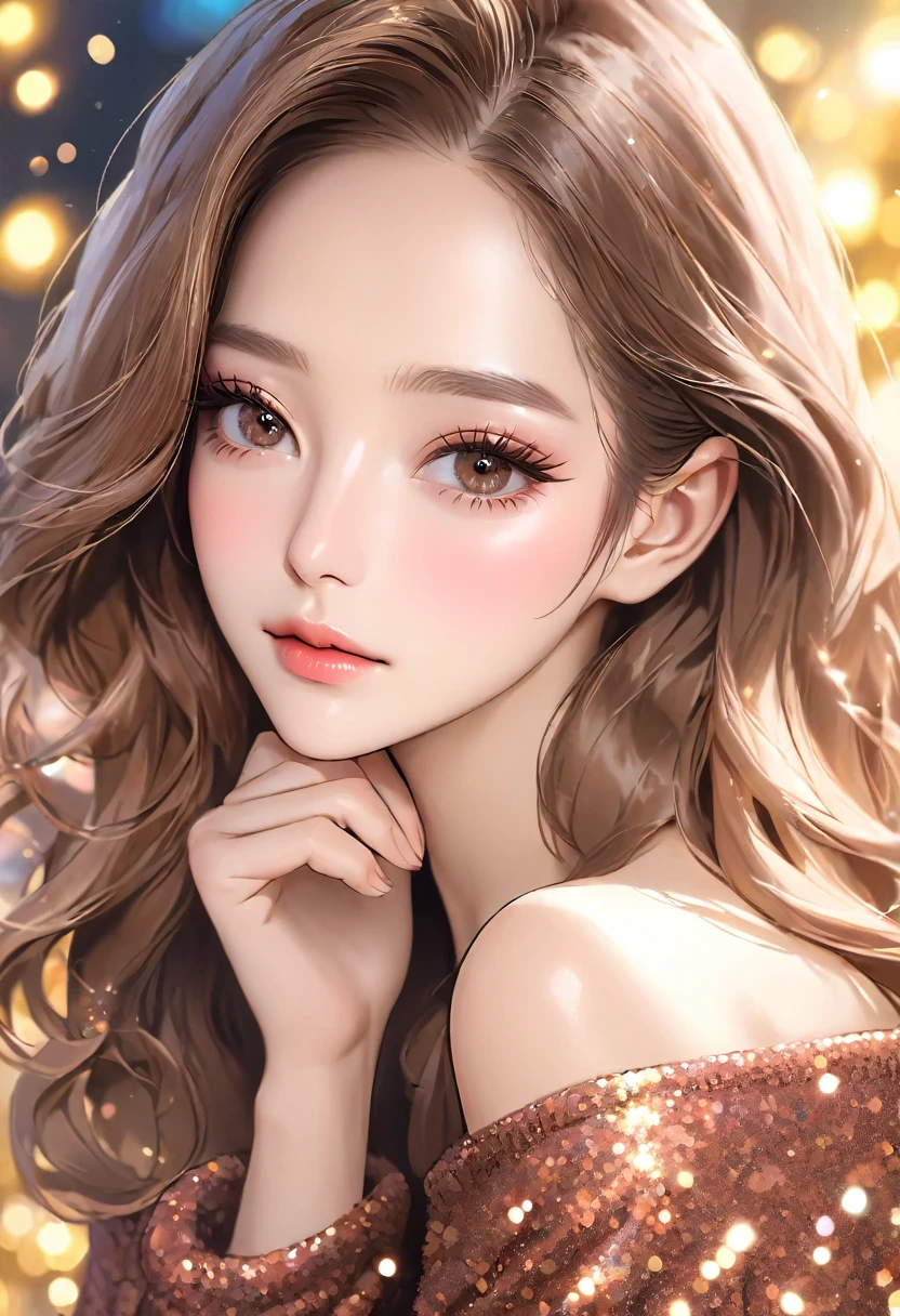 Close-up of a beautiful girl with long brown hair, off-the-shoulder sweater, mature, made-up face, pretty, older woman, glitter eye makeup, Korean-style makeup, masterpiece, perfect hand shape