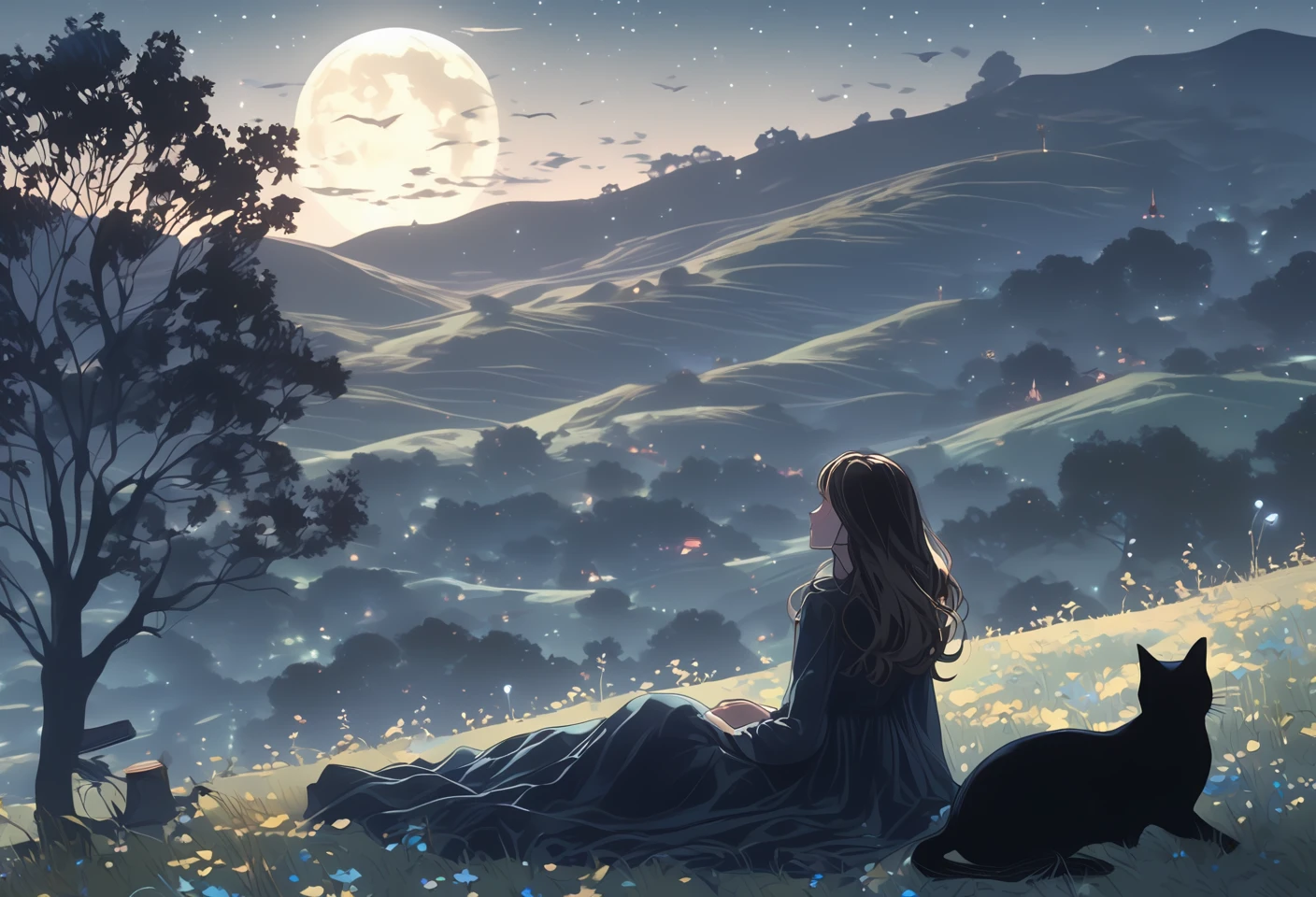 Close up of a woman lying on a moonlit hill, stargazing at the vastness of the universe. A black cat is sitting beside her. Eerie, unsettling, dark, spooky, suspenseful, grim, highly detailed 