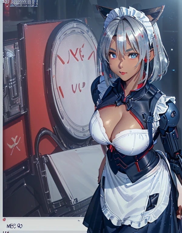 (8k, Realistic, RAW Photos, Highest quality, Angle of view from your feet: 1.3), (Fox Girl, Fox Ears, One Girl, Alone on the screen, dark skin, High definition, (boyish, Silver color very short hair), (Silver and blue odd eyes):1.4), とてもbeautiful, (Realistic Face), (maid apron, Clothes that are mainly black with red accents, Long skirt, Clothes with an open chest, (machinery suit, mecha musume):1.5), (Body measurements: 88-55-77!, Height is 145 cm, Nice body, Big Breasts, skirt hold, slender, Accentuate the cleavage:1.6), Standing posture, A brilliance that captivates the viewer, beautiful expression, beautiful breasts, (Realistic Skin), beautiful...