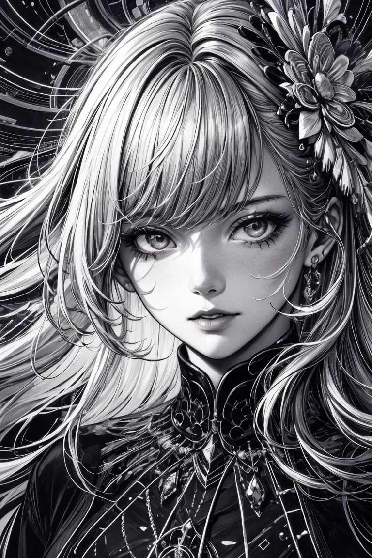 With a girl、(masterpiece、Highest quality、Official Art、Cosmetology and aesthetics:1.2)、(超detailedな)、detailed、Best illustrations、hand-paintedhigh-quality、(High Contrast)、(Clean Lines:1.3)、(Line art)、Line art、(Complex Lines)、(roller:さらにdetailedを追加:0.5),Rigney Claire、Fractal Art、Pen drawing、、(Portraiture、From the knee up、Very close up:1.1)、,Wraparound configuration, , Japanese style ,(複雑なdetailed),(colorful),High resolution,whole body,