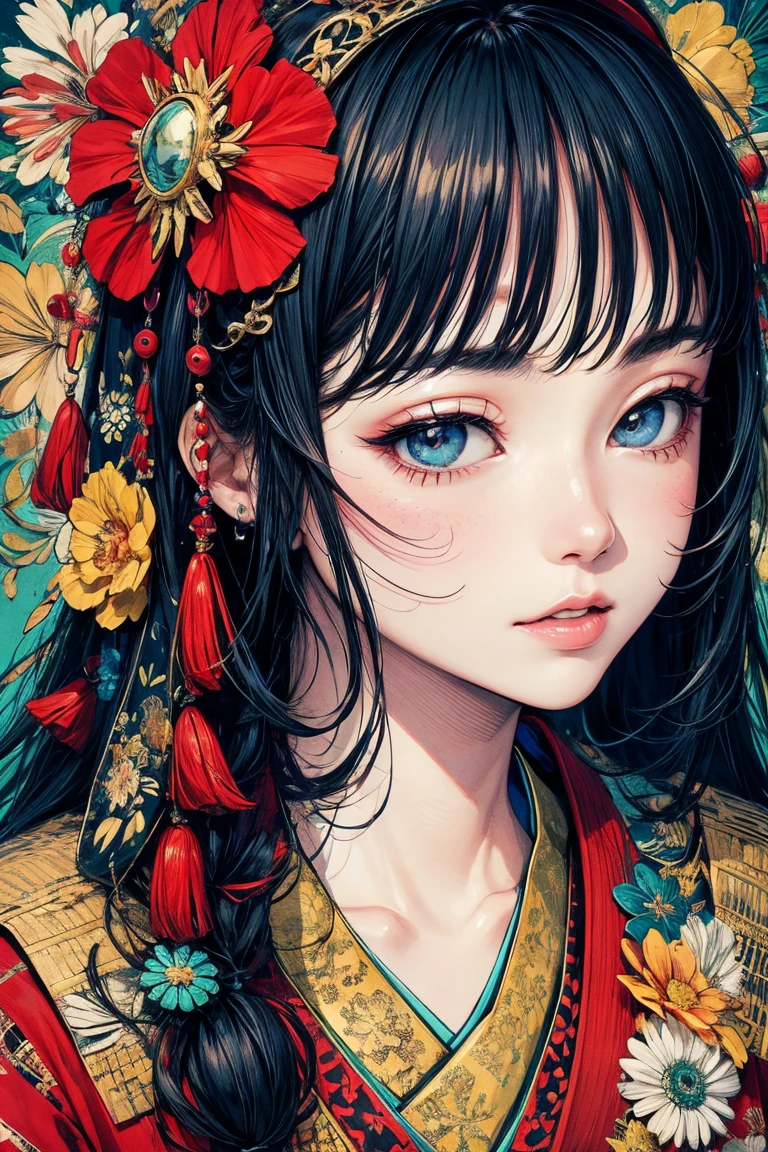 With a girl、(masterpiece、Highest quality、Official Art、Cosmetology and aesthetics:1.2)、(超detailedな)、detailed、Best illustrations、hand-paintedhigh-quality、(High Contrast)、(Clean Lines:1.3)、(Line art)、Line art、(Complex Lines)、(roller:さらにdetailedを追加:0.5),Rigney Claire、Fractal Art、Pen drawing、、(Portraiture、From the knee up、Very close up:1.1)、,Wraparound configuration, , Japanese style ,(複雑なdetailed),(colorful),High resolution,whole body,