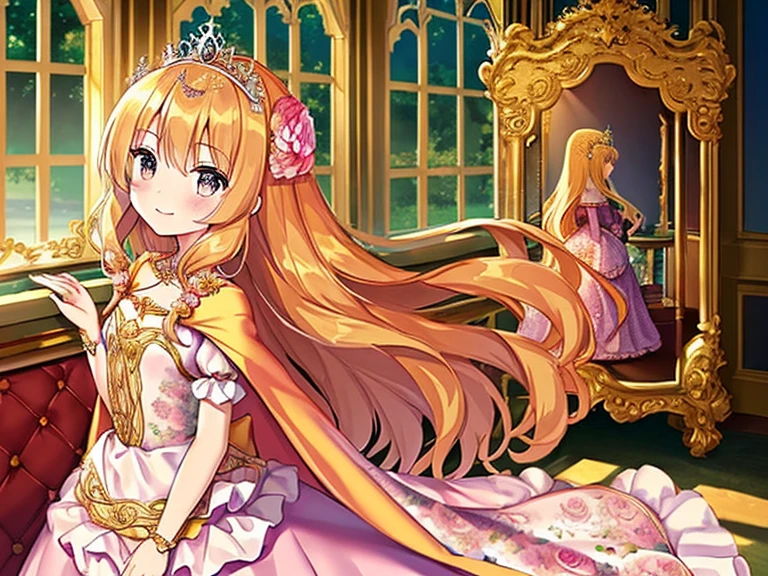best quality,(long train cape:1.15),(long train ball gown with floral decoration:1.15), a girl is wearing a cape over her dress, anime style, rococo style, little princess, tiara, kind smile, very long hair, small breast, perfect fingers, masterpiece