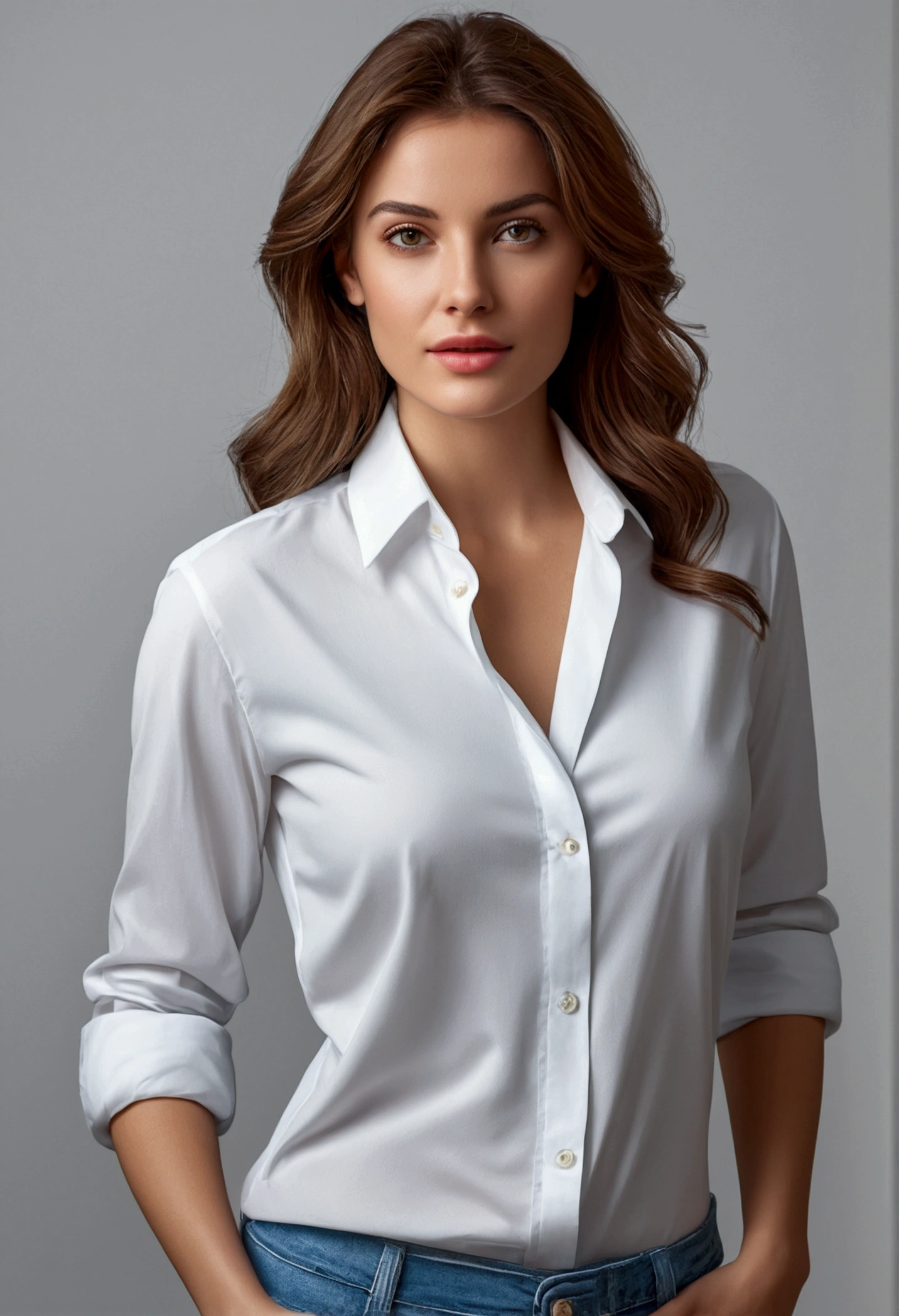 A pretty woman, dressed in white shirt, full body portrait, Pretty perfect face with perfect face, Hyperrealistic concept, 8k resolution, photography quality, posing for a photo, realistic photo,