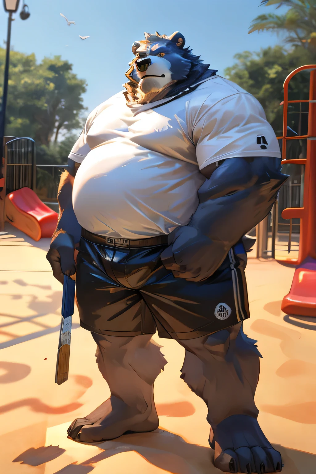 Strong white bear，Wear T-shirt shorts，overweight，Standing on the playground，Majestic and majestic，Holding a ruler in hand，The face is fierce，high resolution，high-definition，masterpiece，serious，