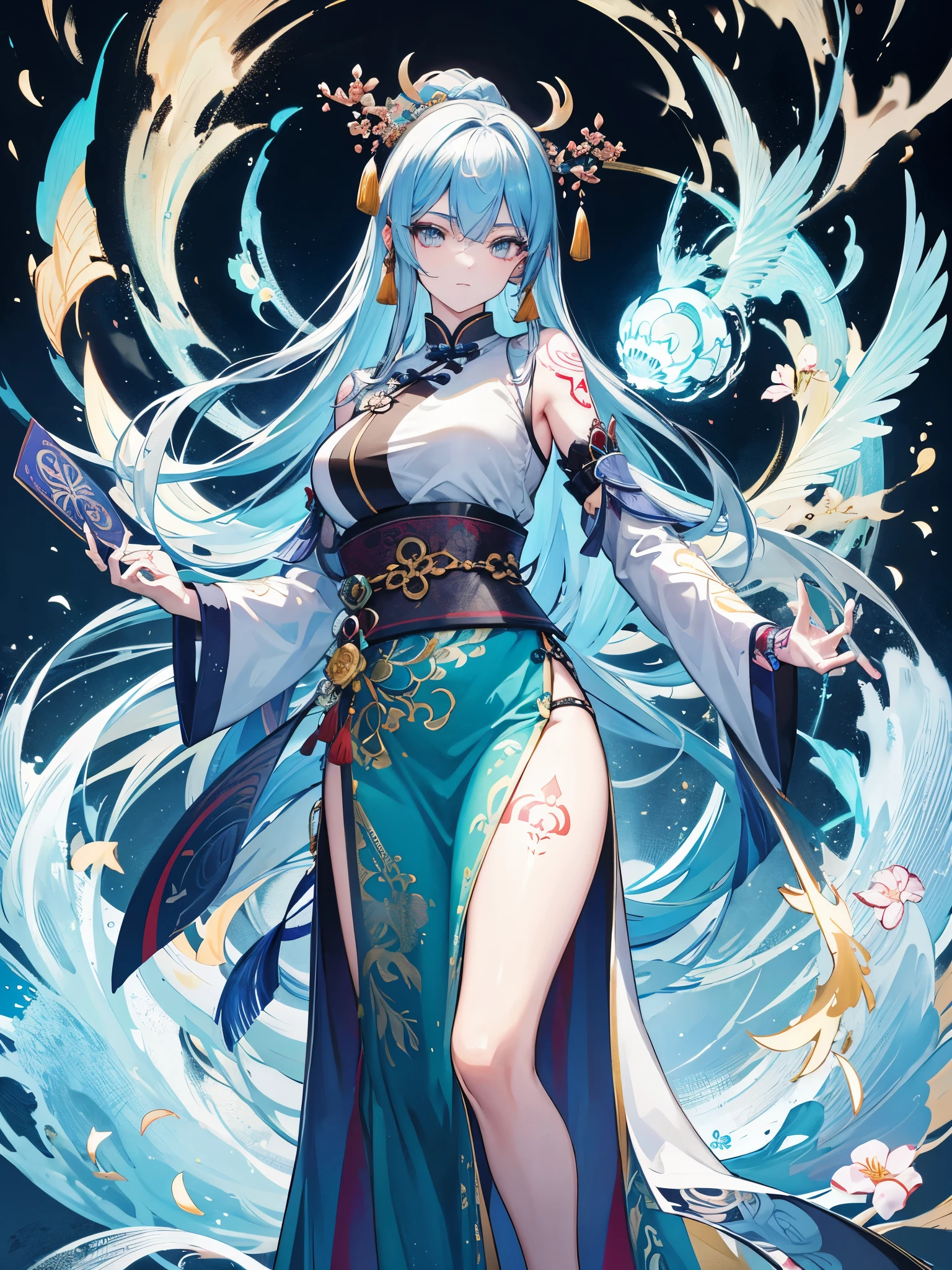 An ancient Chinese beauty, charming temperament, flowing long skirt, clear face, beautiful eyes, osmanthus surrounding, perfect body structure proportional masterpiece, super detailed, epic composition, color tattoo art, new traditional tattoo art, SD tattoo design, color tattoo art, mysterious warm and friendly atmosphere, hyper-realistic painting, super HD, high quality, highest quality, 32k --v 6