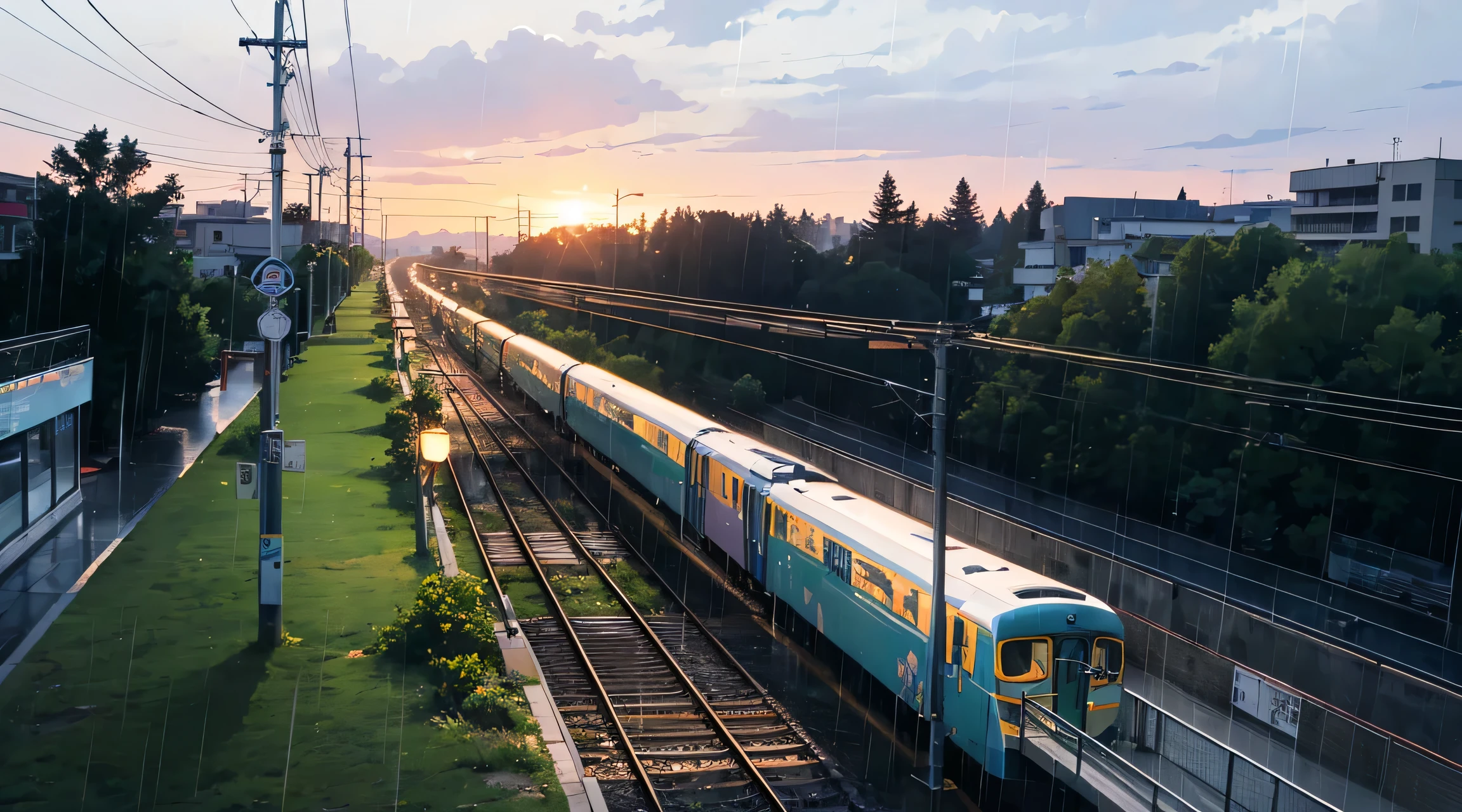 anime train scene, Passing under the pink-purple sky, Xin Haichengによるアニメの絵, Pixiv Trends, magical realism, Beautiful anime scene. Xin Haicheng, ( ( Xin Haicheng ), Xin Haicheng, Anime Background Art, Xin Haichengのスタイル, Lots of rain、High school girl alone at the station
