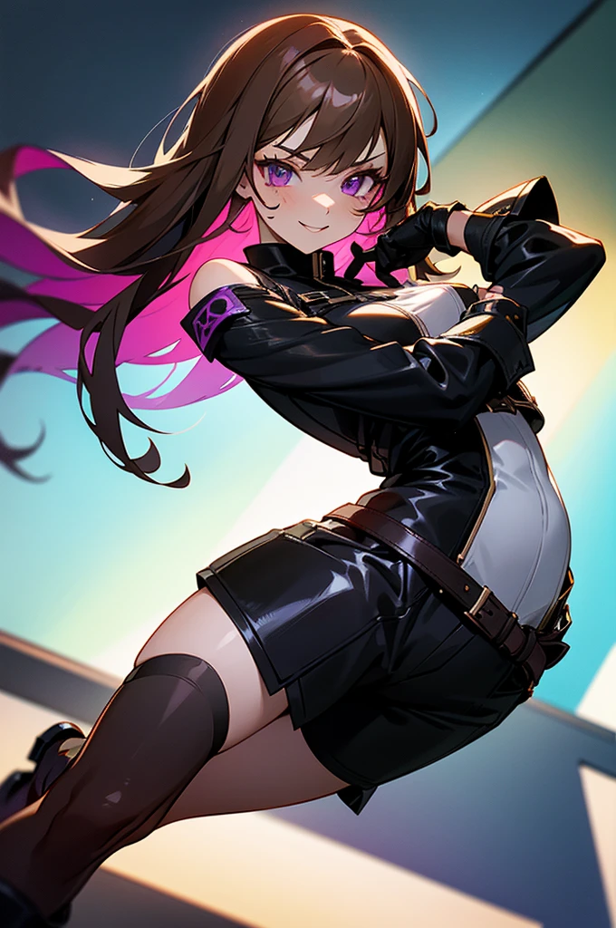 Visualise an anime-styled character: a teenage girl with violet eyes and short messy light brown hair that is shoulder length. She has a fringe on the left side of her face with two strands trailing down each cheek and framing her face. She has a beauty mark under her right eye. She wears a long-sleeved black leather jacket and black leather gloves. Underneath is a white shirt. She wears black shorts, and a garter is on her left thigh. She is wearing knee-length heeled leather black boots. She is smiling mischievously.