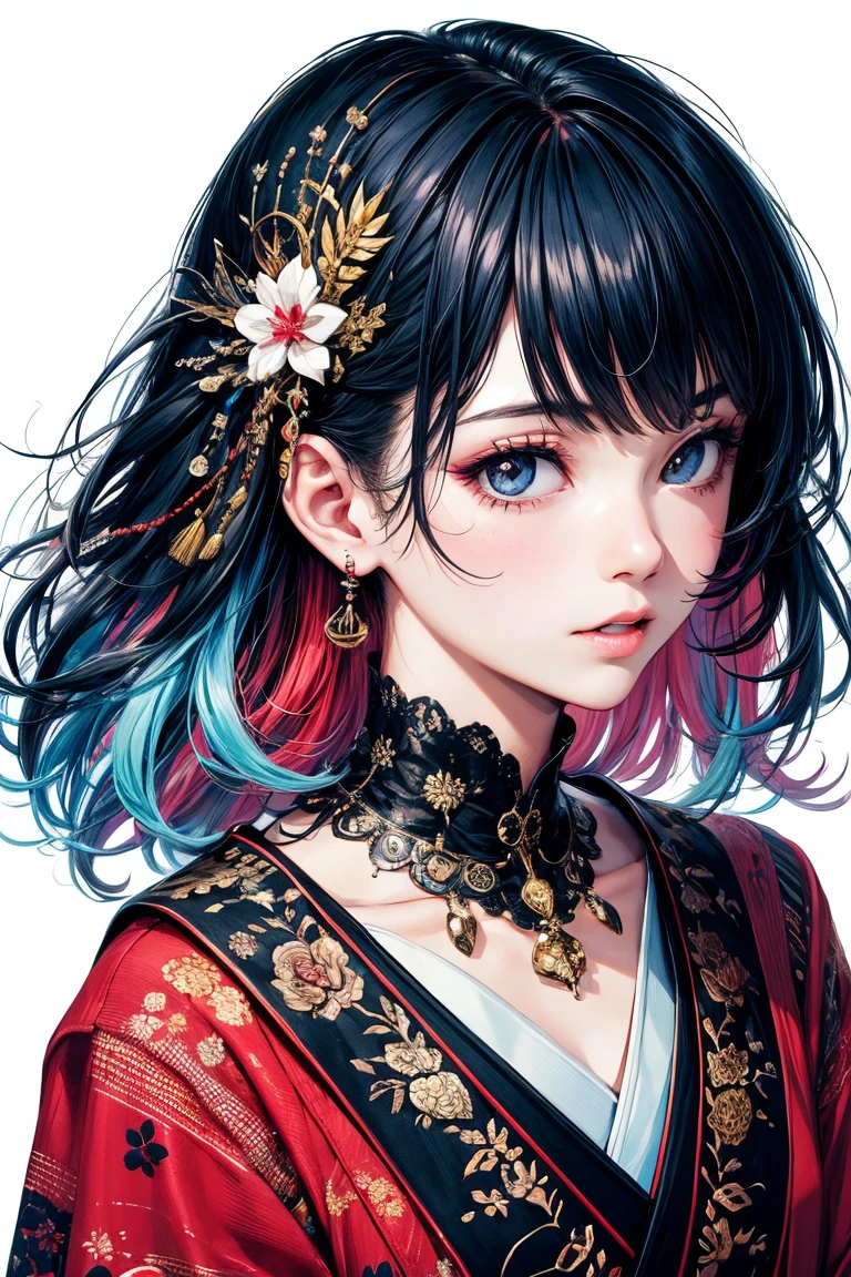 With a girl、(masterpiece、Highest quality、Official Art、Cosmetology and aesthetics:1.2)、(超detailedな)、detailed、Best illustrations、hand-paintedhigh-quality、(High Contrast)、(Clean Lines:1.3)、(Line art)、Line art、(Complex Lines)、(roller:さらにdetailedを追加:0.5),Rigney Claire、Fractal Art、Pen drawing、、(Portraiture、From the knee up、Very close up:1.1)、,Wraparound configuration, , Japanese style ,(複雑なdetailed),(colorful),High resolution,whole body,