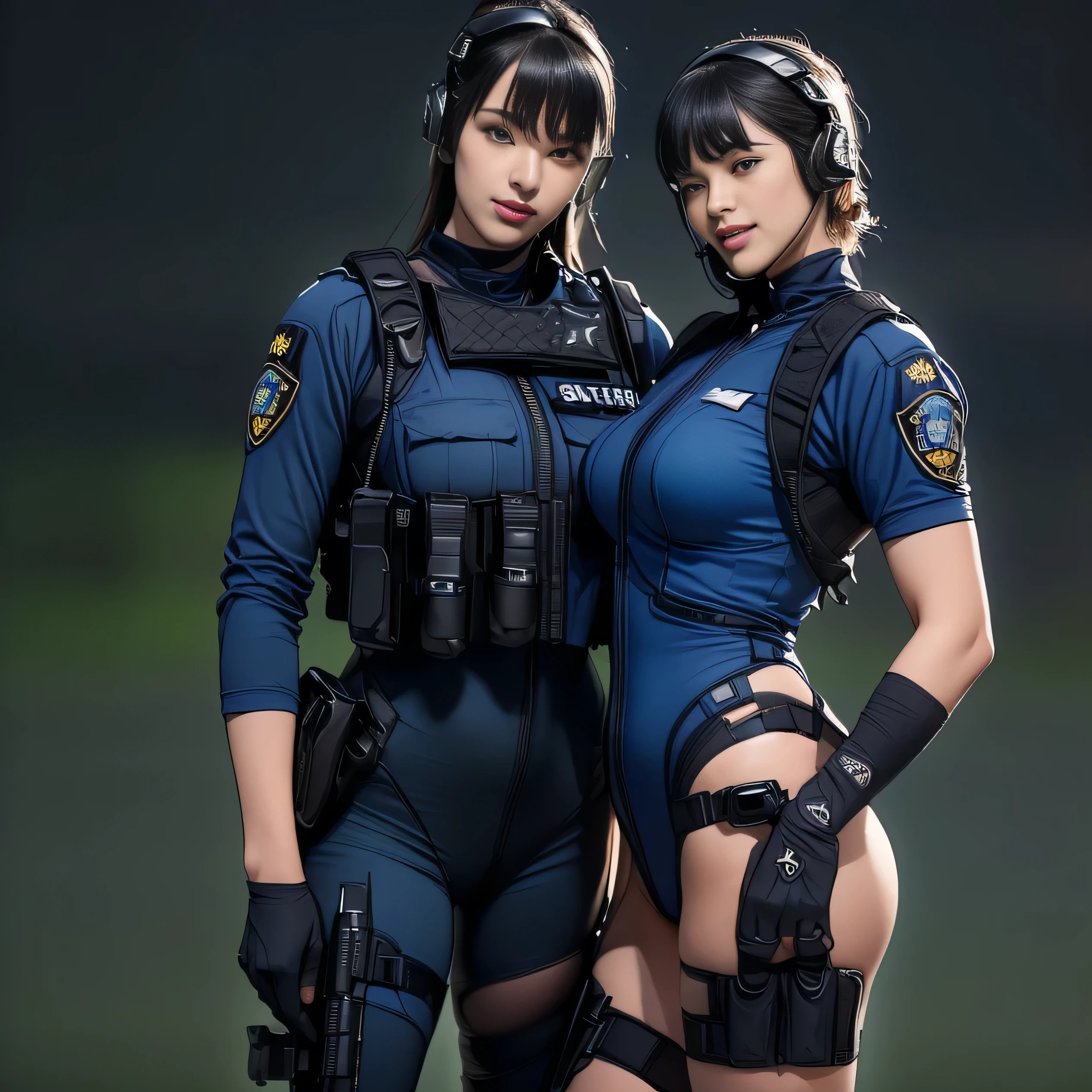 (Two Women),(((Female SWAT officers standing side by side:1.5))),((Blue Tactical high leg Bodysuit:1.5)),((Black headset:1.5)),((black tactical holster:1.5)),(Black gloves:1.5),((wearing the same uniform:1.5)),(smile:1.5),(Beautiful Eyes:1.3),(Very detailedな顔:1.5),((Very detailed drawing of a female hand:1.5)),((muscular:1.5)),(Sexy Looks:1.5),((Thick thighs:1.5)),(Beautiful body:1.5),((Very sensual:1.5)),(The background is the city:1.5),(((Blur the background:1.5))),(Written boundary depth:1.5),BREAK(((masterpiece:1.5),(highest quality:1.5),(Very detailed:1.5),(High resolution:1.5),(Realistic:1.5),(Realistic:1.5),(Delicate depiction),(Careful depiction))),8k,wallpaper
