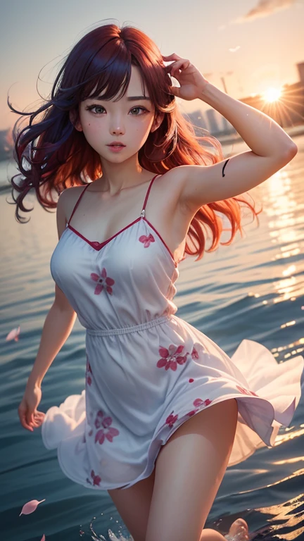 (Logo、masterpiece、8k、mesa、raw photo、marvelous、最high quality、Very detailedな CG 統合 8k 壁紙、high quality、Very detailed、Narrative poem、particle effects、dynamic effects、Depth of written limits、cinematic light、Lens flare、ray tracing)、fancy、 (1 beautiful woman、dress、dress、cherry blossom pattern、blue and red hair、beautiful face、The real way、beautiful details eyes beautiful skin)、髪がwindで踊る、Hair flutters in wind、hair jump、wonderful petal dance景色、sunrise、sun in the background、wind、pool、water splash
