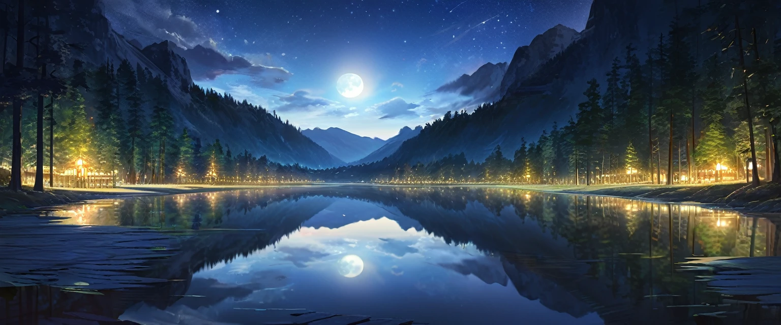masterpiece, best quality, Extremely detailed, illustration, night, Mountains, nature, Star, moon, forest, rock, river, wood,shadow, Compared, Sky, constellation, 银river系, Peace, calm, Quiet, peaceful, distant, secluded, artistry, inspiration, beauty, Admiring, relaxation, enjoy, balance, texture, detail, realism, depth, view, work, color, Light, shadow, reflection, refraction, tone, Compared, prospect, Middle ground, background, nature主义, simile, simile, Impressionism, expressionistic, Abstract, Innovative, experiment, Unique,a grassy field,一条小river流从北向南流淌