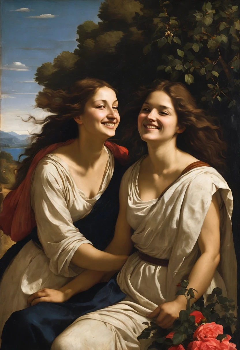 A oil painting, two girls kissing, naked, a vineyard in the background, 