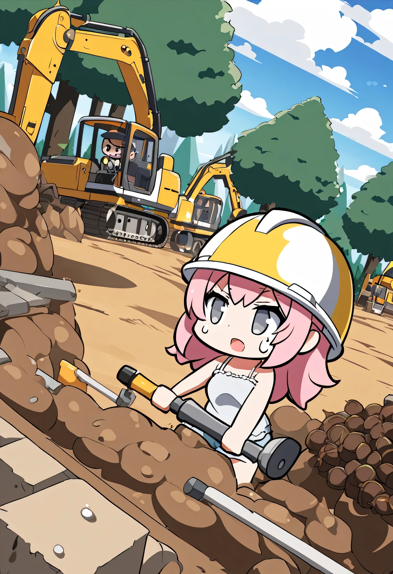 Using a hammer drill at a construction site,
Anime-style, grey eyes, chibi,camisole, full body
Pink hair, wearing a construction helmet, drenched in sweat under the blazing sun, cicadas on the trees, grey eyes, viewed from a distance, wide-angle shot.