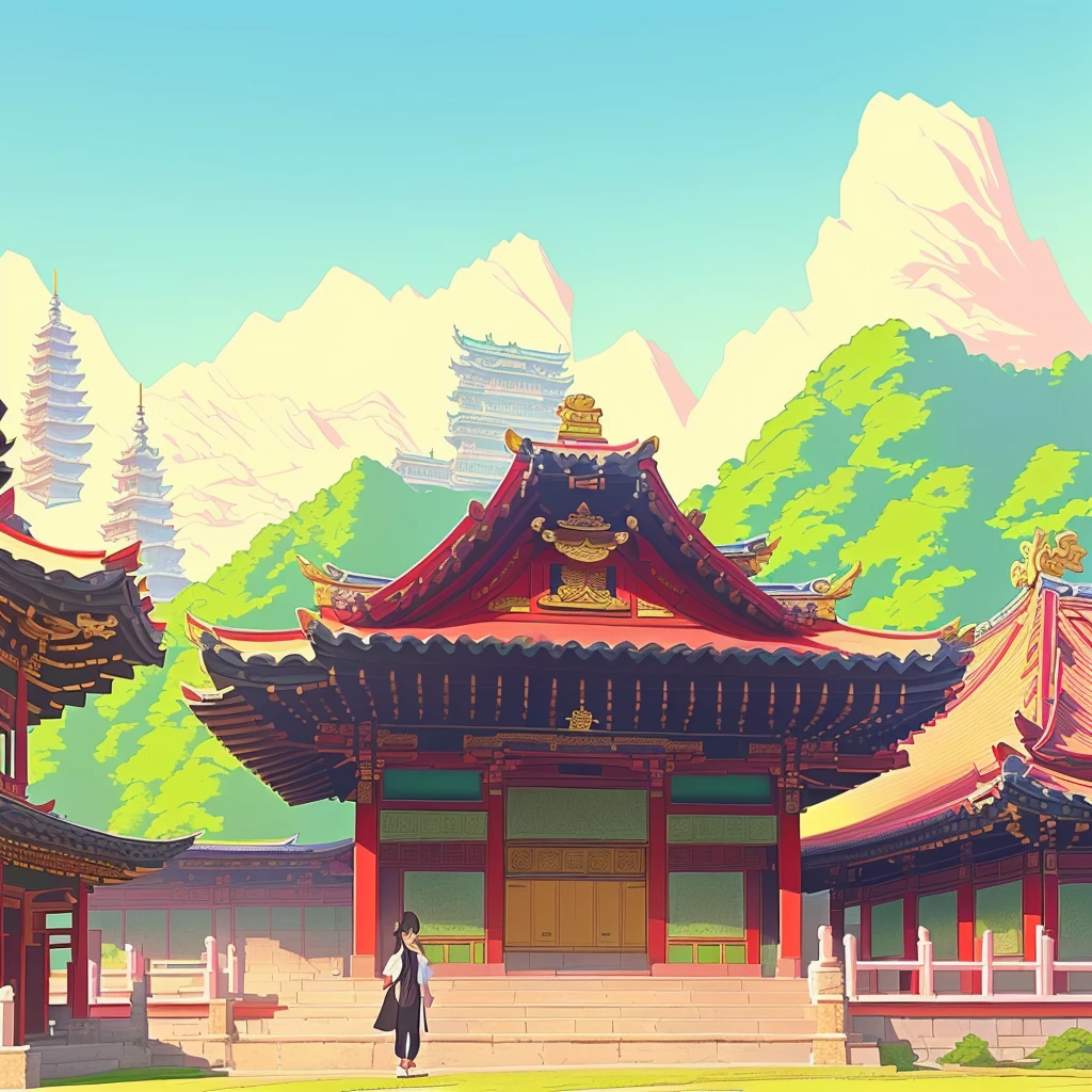 illustration:Traditional Chinese architecture,Pagoda in the background, Temple Background, Palace Background, Traditional Korean city, Korean traditional palace, Depicting the background of the temple, Dojo on the mountain, background technology, High School Background, Town Background, background technologywork, anime background technology, Anime Background, Korean Artist, Downtown Background, Pagoda Figures