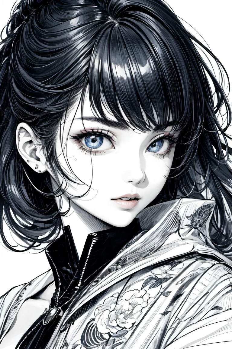 With a girl、(masterpiece、Highest quality、Official Art、Cosmetology and aesthetics:1.2)、(超detailedな)、detailed、Best illustrations、hand-paintedhigh-quality、(High Contrast)、(Clean Lines:1.3)、(Line art)、Line art、(Complex Lines)、(roller:さらにdetailedを追加:0.5),Rigney Claire、Fractal Art、Pen drawing、、(Portraiture、From the knee up、Very close up:1.1)、,Wraparound configuration, , Japanese style ,(複雑なdetailed),(colorful),High resolution,whole body,