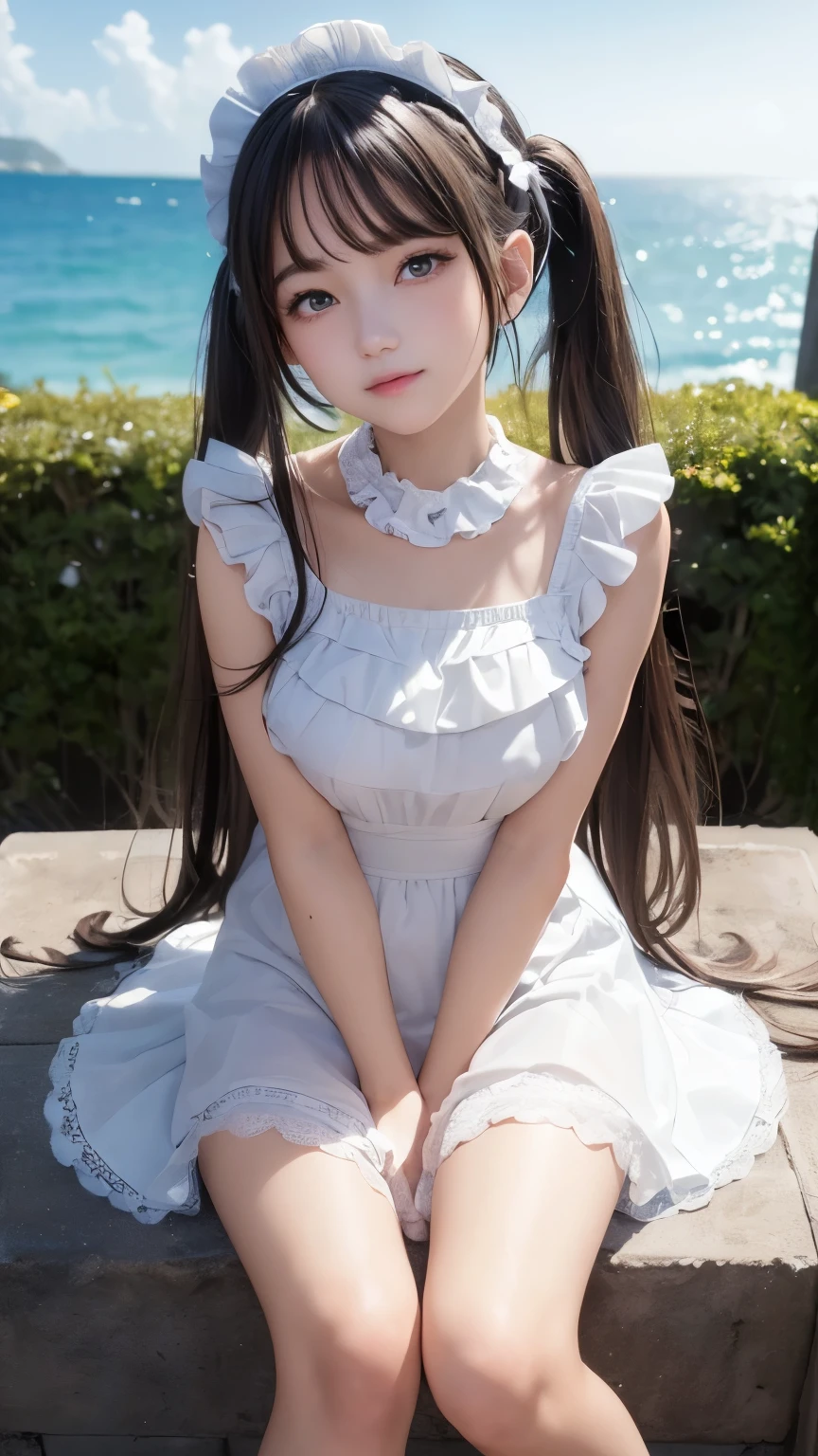 ((masterpiece)), ((highest quality、Ultra high definition)), (Very detailed),8K、Photo quality、((Amazingly cute girl)),****************)), Two people, , (Beautiful emerald blue eyes), ((smile)),In the open-air bath overlooking the sea, Beautifully arranged black hair in twin tails、スリムボディー、((Cute ****ta maid style swimsuit))、Professional Lighting、(White lace knee-highore detailed and beautiful)、(More details and cutenesore realistic)、((Just wear light clothing))、プールではしゃぐ、