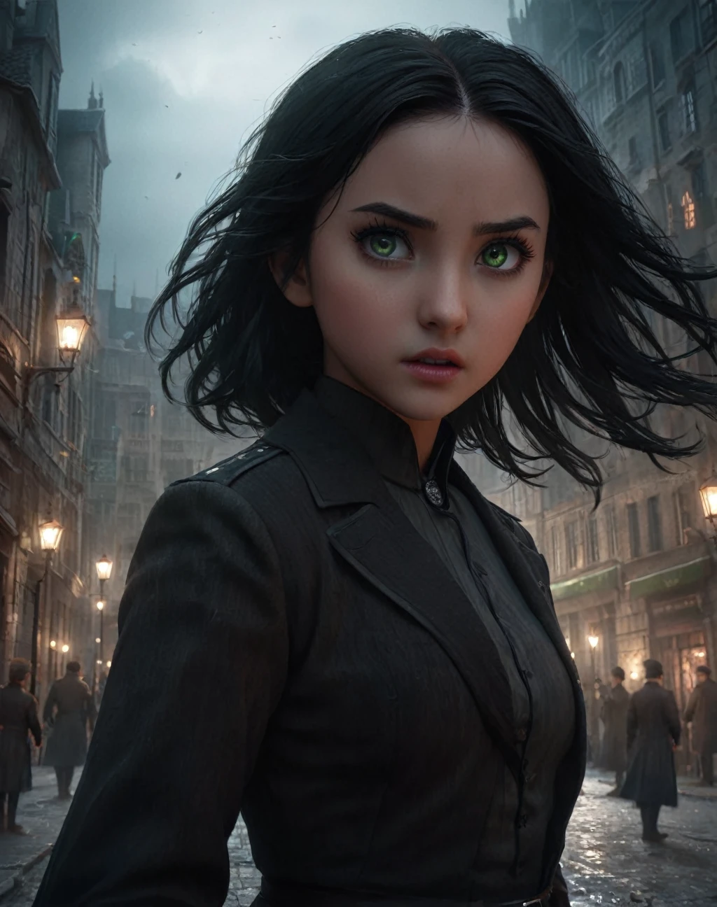 1girl,, daughter of severus snape , black hair, gree eyes,stunning cinematic composition,fight scene,lightning (black),top ranking in pixiv,game character,extremely detailed face and eyes,beautiful detailed lips,long eyelashes,highly detailed skin,dramatic lighting,ultra-realistic,hyperrealistic,8k,ray tracing,physically-based rendering,dramatic shadows,intense lighting effects,moody atmosphere,dark fantasy,digital painting