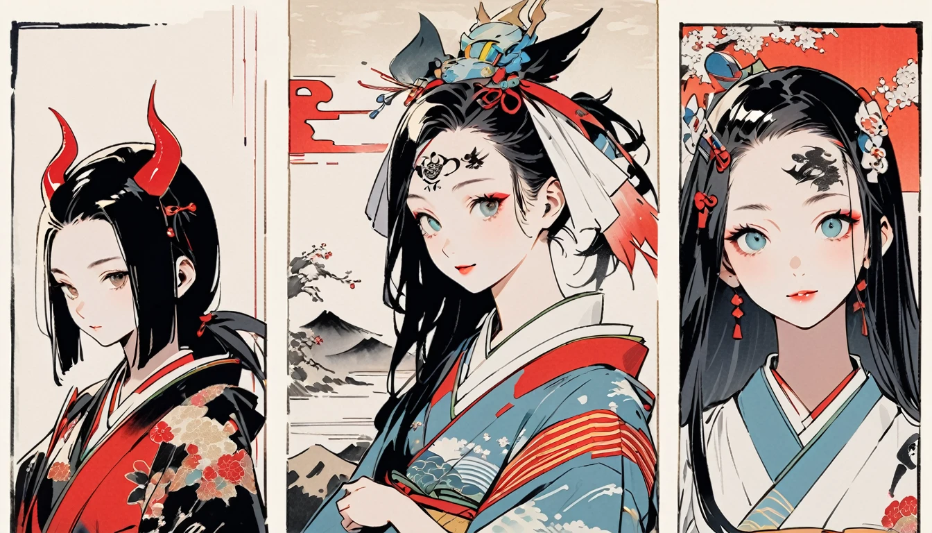 (((Ink Painting))), Fashion portrait color photos, (((1 female))), (((Tattoo in the center of the forehead))), (((Very flashy hair accessories))), (((Very flashy makeup))), Japanese style headphones, devil, front view, Japan人の美少女, Black Hair, Delicate and precise, Modern ukiyo-e style,Japan, Droopy eyes, round face, smile, Fuller lips, electric bassを持つ