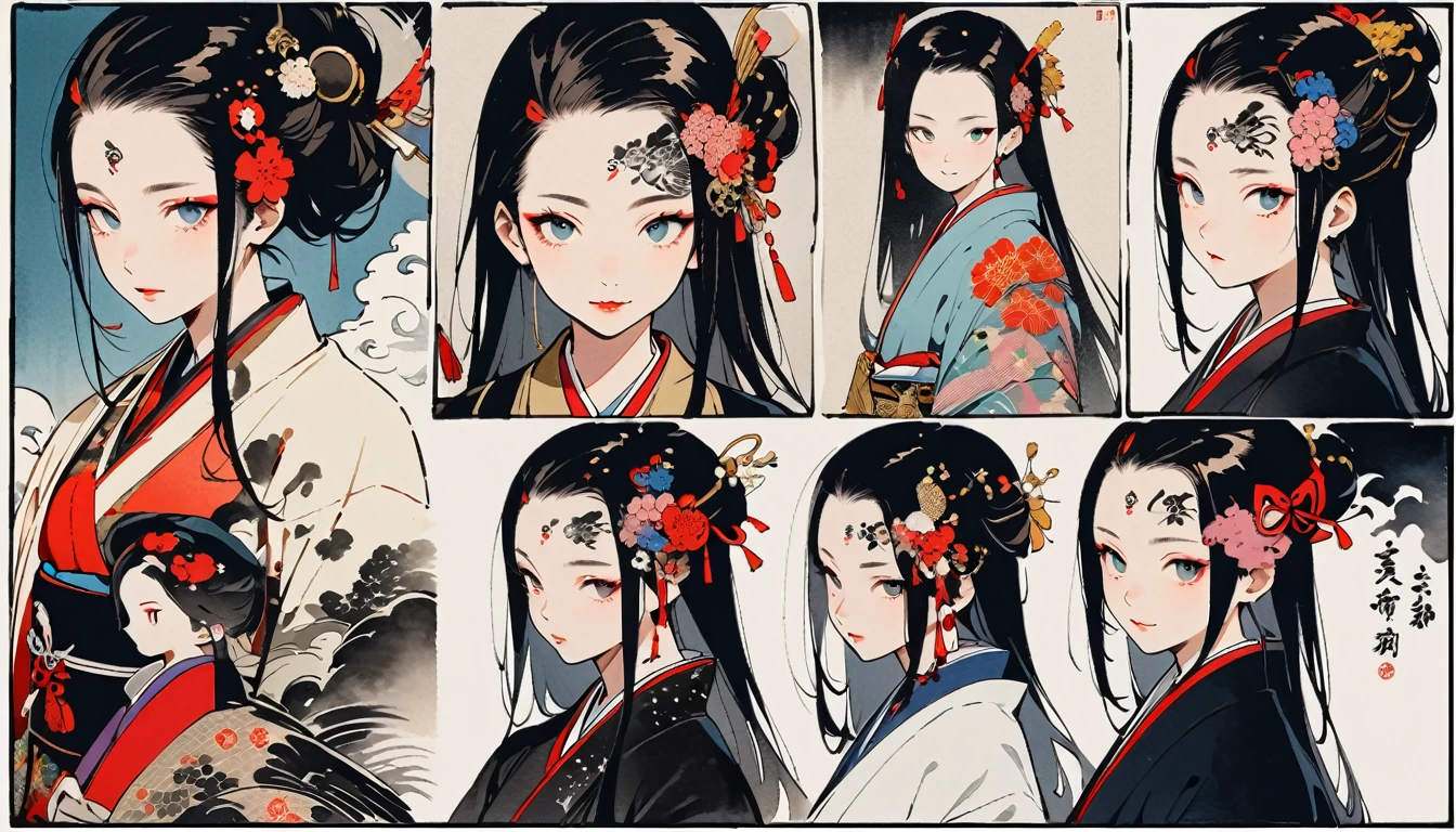 (((Ink Painting))), Fashion portrait color photos, (((1 female))), (((Tattoo in the center of the forehead))), (((Very flashy hair accessories))), (((Very flashy makeup))), Japanese style headphones, devil, front view, Japan人の美少女, Black Hair, Delicate and precise, Modern ukiyo-e style,Japan, Droopy eyes, round face, smile, Fuller lips, electric bassを持つ