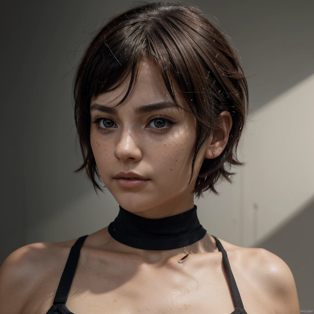 create images A young woman with short hair, dark and slightly messy, with bangs that fall softly on her A warrior. He has a serious expression and an intense look with large, dark eyes that stand out on his face.. Her skin is light and she has some visible freckles.. She wears a black top with straps. Your skin glows slightly, reflecting natural light, White background, realistic, 3D, style photorealistic anime 3 d stlyle, 2. 5 d cgi anime fantasy atwork, realistic anime style at prixiv, Artgerm ; 3D unreal engine