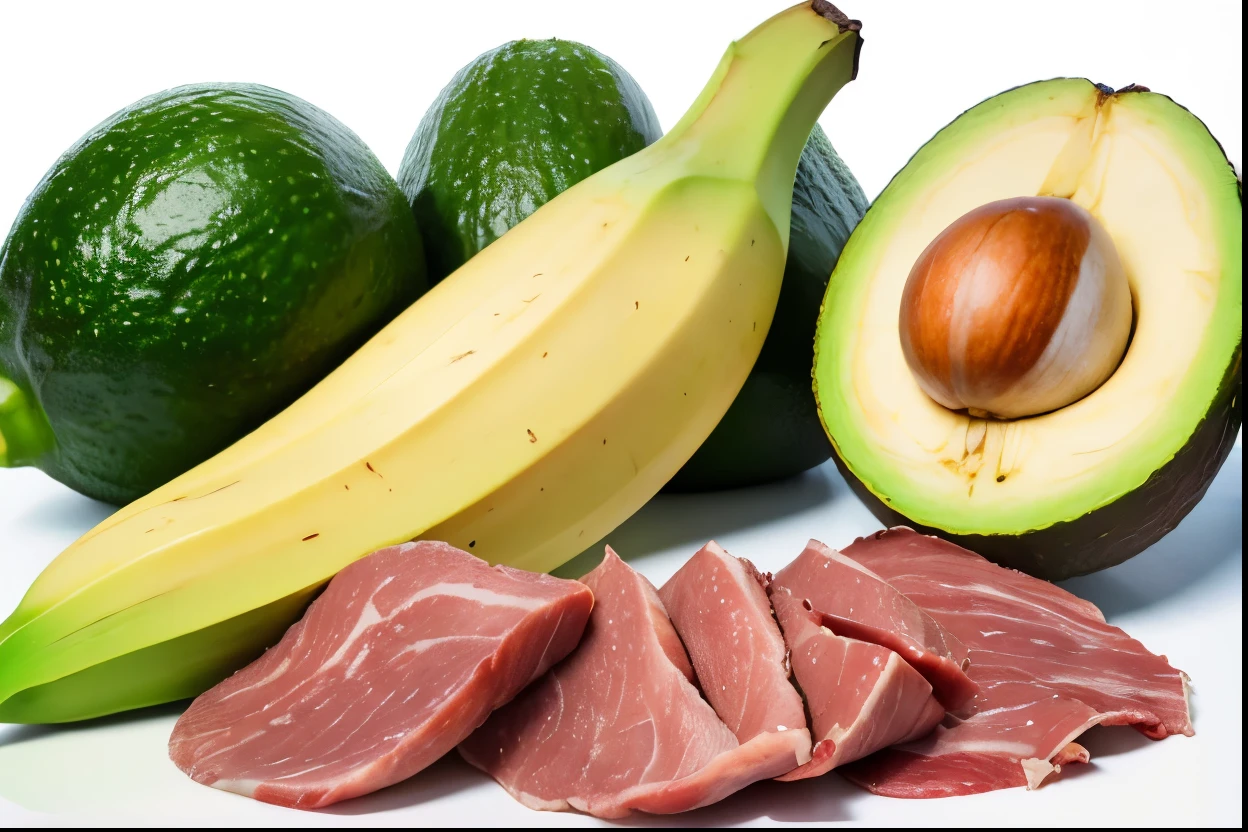 No people,high resolution,Foods to eat for your kidneys,20 foods to watch out for,banana,avocado,garlic,meat,White background,simple