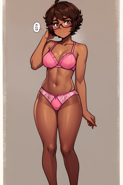 Really embarrassed tomboy girl, with short gray curly hair, brown skin and glasses, in pink Lingerie , full body, ashamed pose