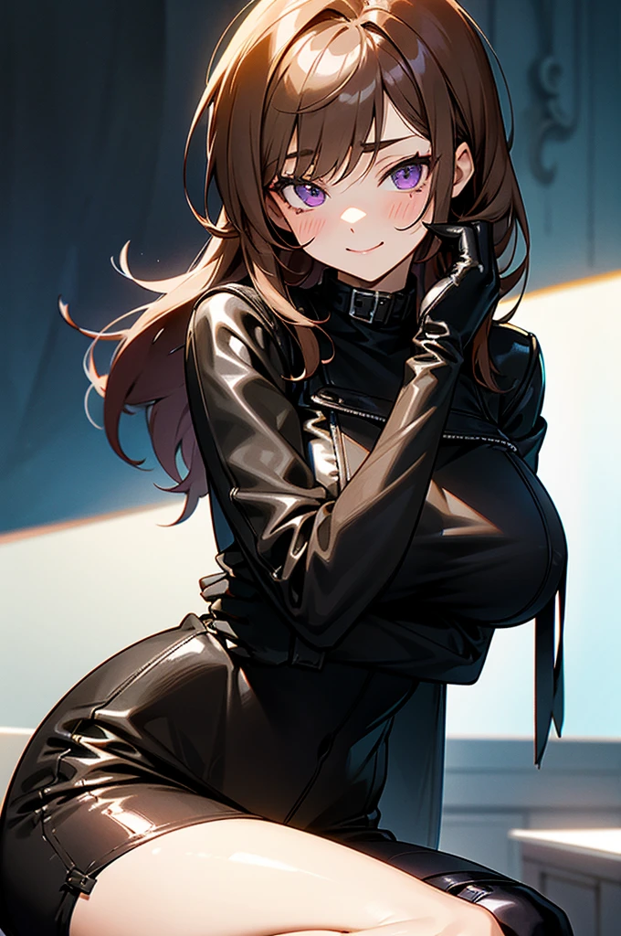 Visualise an anime-styled character: a teenage girl with violet eyes and SHORT messy light brown hair that is shoulder length. She has a fringe on the right side of her face with two strands trailing down each cheek and framing her face. She has a beauty mark under her right eye. She wears a long-sleeved black leather jacket and black leather gloves. Underneath is a white shirt. She wears black shorts, and a garter is on her left thigh. She is wearing knee-length heeled leather black boots. She is smiling mischievously. She is sitting down.