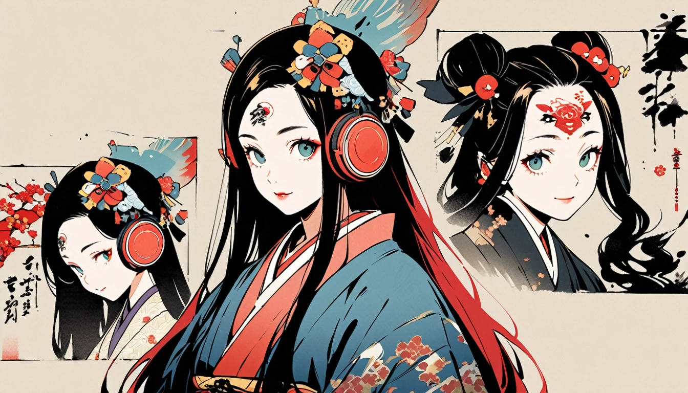 (((Ink Painting))), Fashion portrait color photos, (((1 female))), (((Tattoo in the center of the forehead))), (((Very flashy hair accessories))), (((Very flashy makeup))), Japanese style headphones, devil, front view, Japan人の美少女, Black Hair, Delicate and precise, Modern ukiyo-e style,Japan, Droopy eyes, round face, smile, Fuller lips, electric bassを持つ