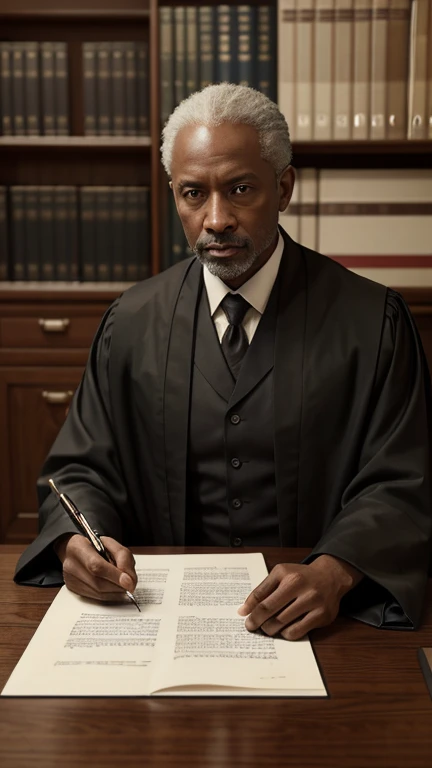 Hyper-realistic digital painting of a lawyer in their office, wearing a traditional black lawyer's robe. The office is elegant, with bookshelves filled with legal volumes, a wooden desk, and framed diplomas on the walls. The lawyer is seated at the desk, reviewing important documents with a look of concentration. The hands are depicted accurately, holding a pen or paper, with no defects. The atmosphere is one of intellect and diligence. Cinematic composition, trending on ArtStation.