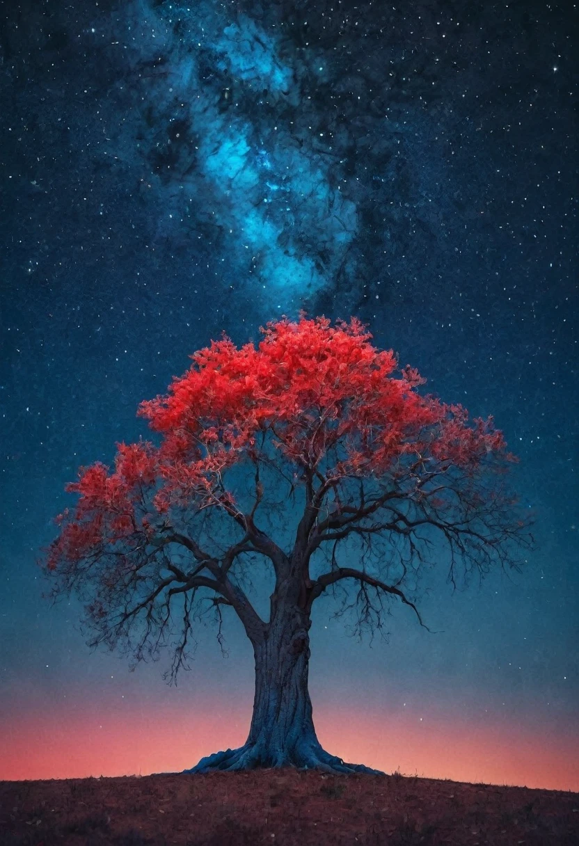 a tree of 2 colors one half blue and the other half red, with a bright starry sky