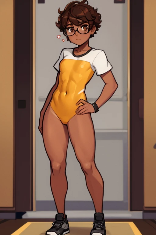 Really embarrassed tomboy girl, with short gray curly hair, brown skin and glasses, in brown body paint , full body, ashamed pose