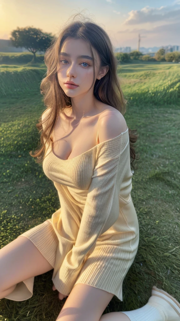 18-year-old female, Long dark blonde wavy hair、Beige loose summer sweater, Puffy nipples、Small breasts、dark blue pleated miniskirt,Medium Milk, Cute Smile、(lean forward to emphasize the chest)、、Beautiful Necklace、Black high heels、A glimpse of lace panties、Visible shot of the whole body、On the grass in the park、Squat on your knees、Cute smile with upward glances