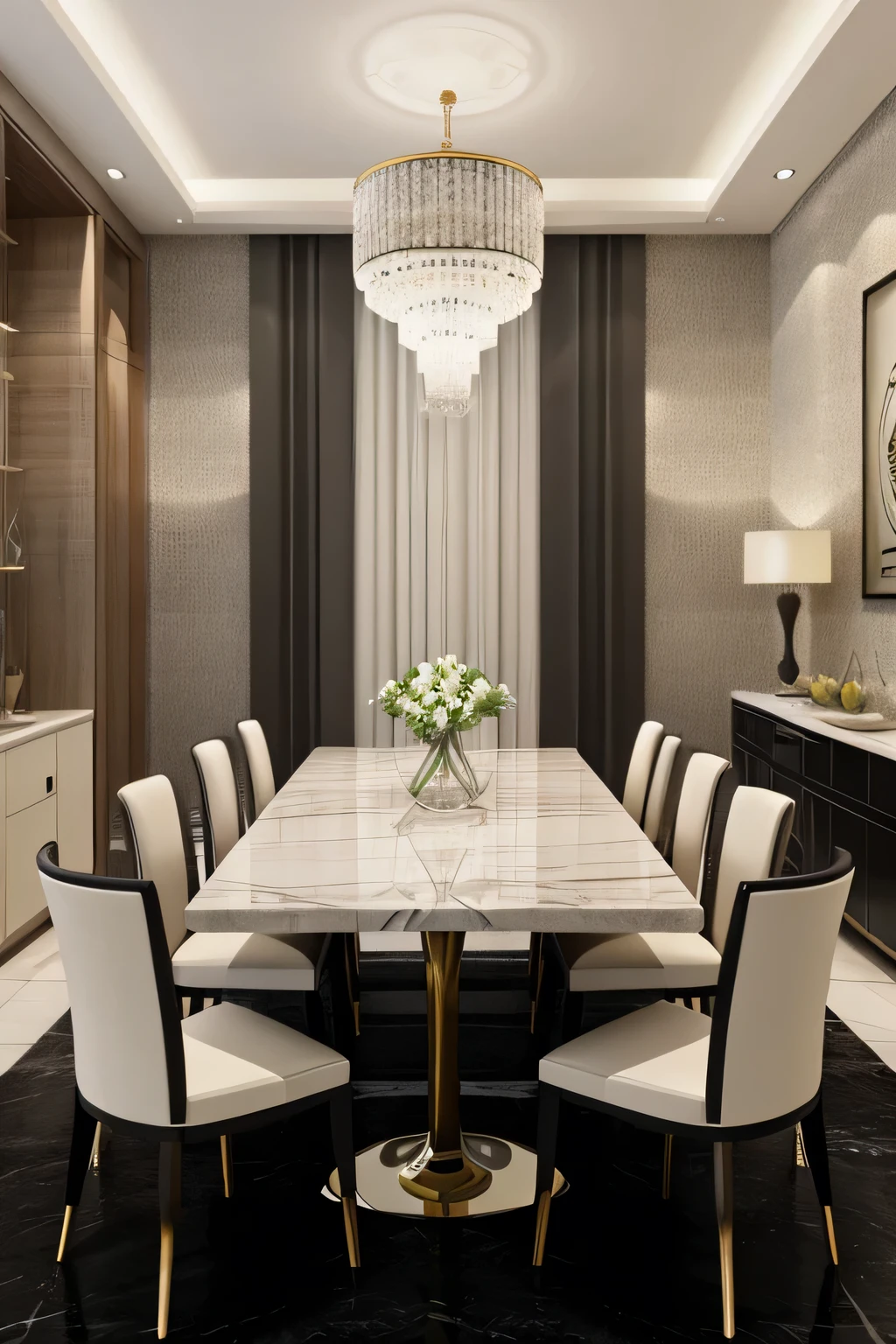 Professional 3d architecture rendering design of modern and minimal dining table with eight chairs with black slab stone table and light cream velvet chairs and Persian design