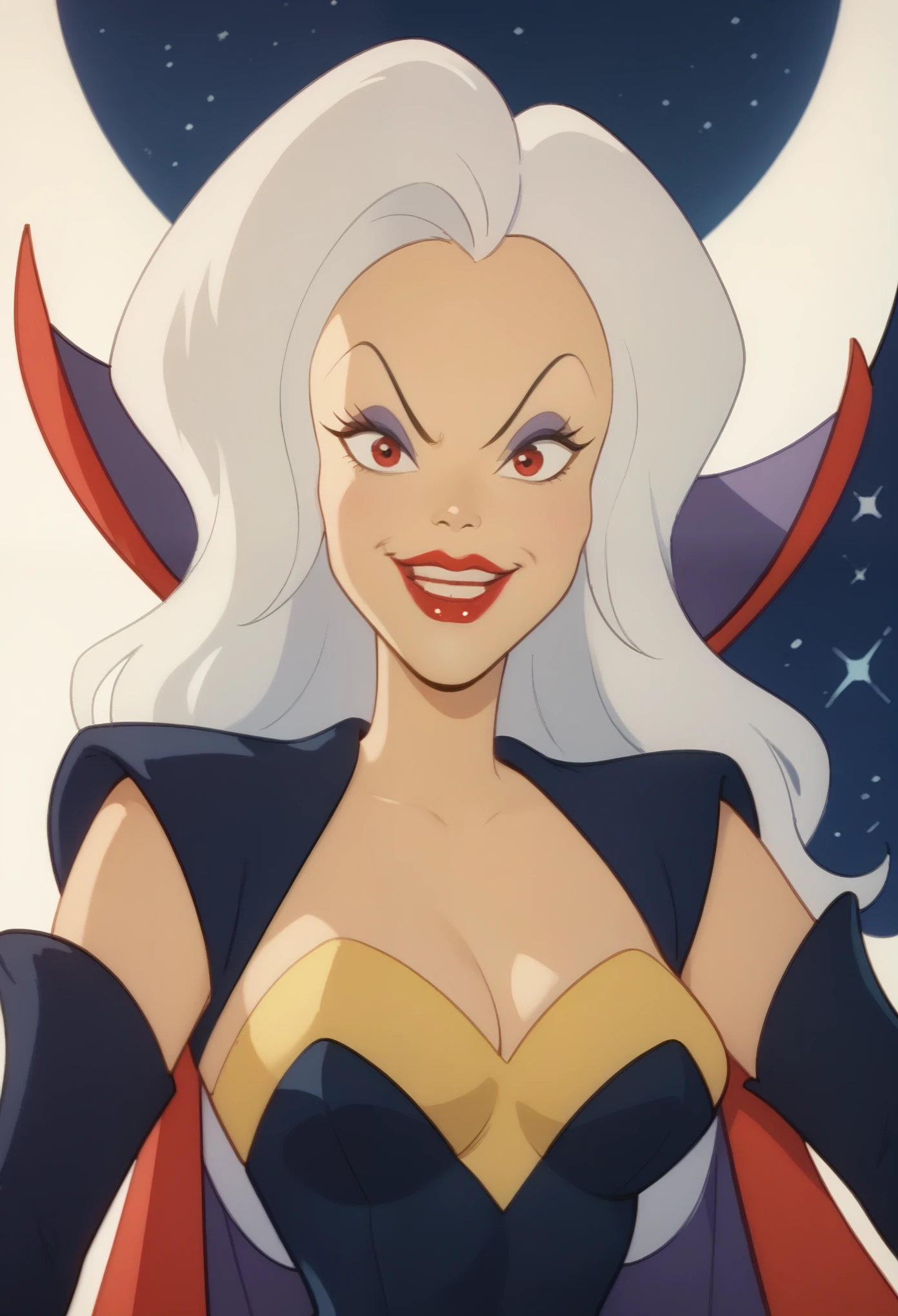 xdqueenx, dark-skinned, long hair, white hair, red eyes, makeup, lipstick, yellow leotard, blue cape, blue elbow gloves, upper body, portrait, blue thigh boots, white-pale skin, space background, smiling, pointed on viewer,