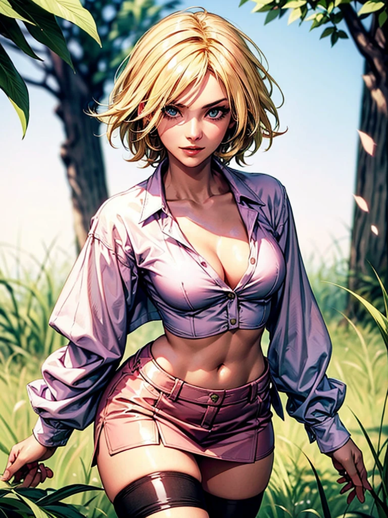 Highest Quality, ​masterpiece, beautifully detailed eyes,, short Blonde Hair, Gradient Hair, pink highlights in hair, medium breasts, standing, makeup, glossy lips, full lips, (natural lighting), grass, button up shirt, thong straps, light smile, midriff, collarbone, thigh highs, miniskirt, cleavage
 sultry look, seductive,
