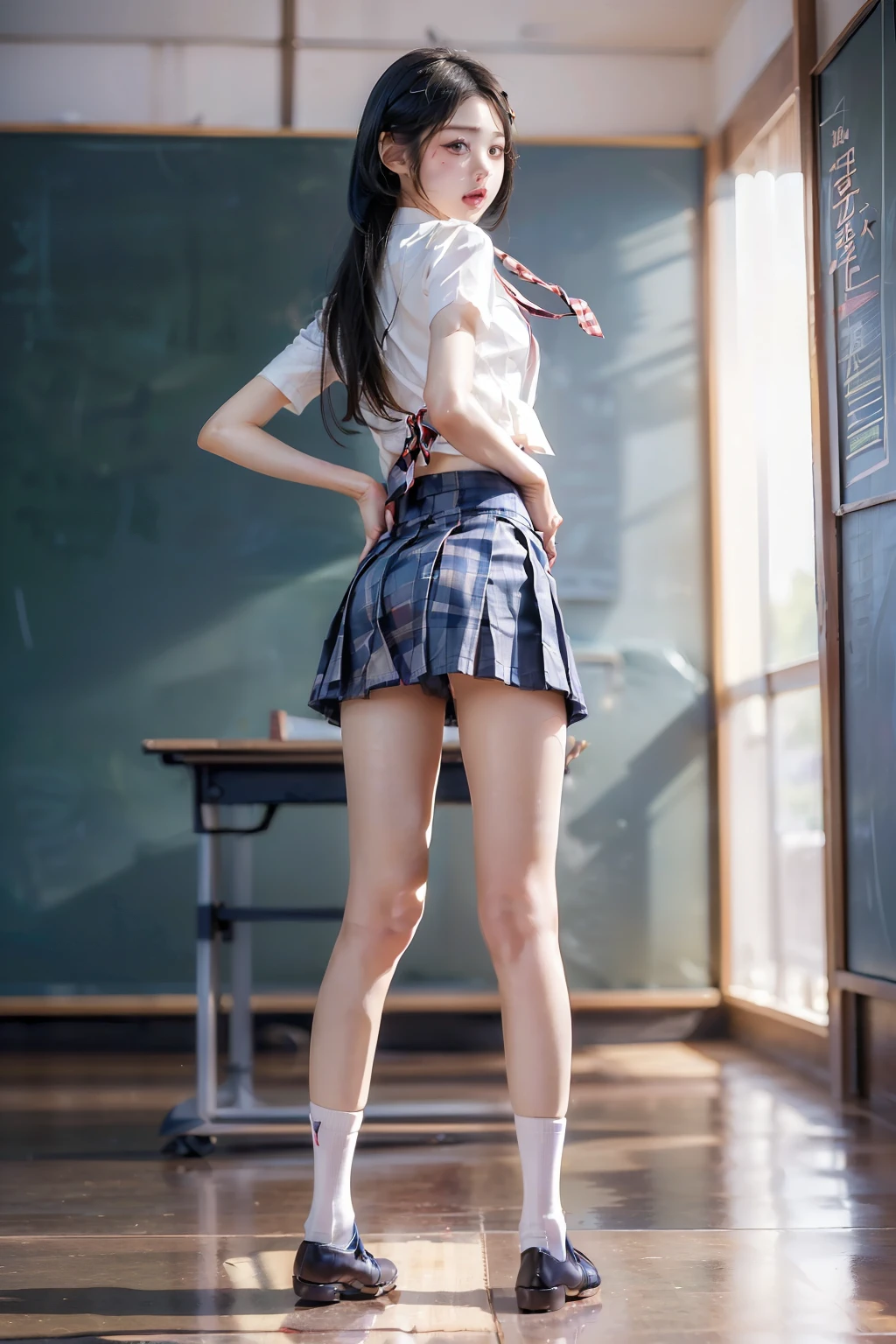 ((masterpiece)),(((最high quality))),(((((Full body shot of a girl taken from the floor:1.7))))),((Photograph the whole body from knee height:1.6)),((((((脚を揃えてPlease stand up straight:1.9)))))),((Thin thighs:1.3)),((Long legs:1.4)),(((Girl standing in a school classroom:1.7))),(((Micro Mini Skirt Uniform:1.6))),((スリムなModel body type:1.8)),((Japan  in summer uniform:1.8)),((Wearing a red tie:1.5)),(Wearing a white shirt with short sleeves:1.3),Her erect nipples are clearly visible under her clothes.,(Navy blue checked micro mini skirt:1.7),(:1.3),bangs,A small smile,((cute女の子)),Slender girl,Black Loafers,(((short white socks up to the ankles,:1.2))),cute,The thighs below the groin are slim and firm,cute,Black hair ponytail,Thin legs,スリムなModel body type,Very small waist,Small hips,Long thighs,Thin thighs,Thin hands,Long hands,((((Photograph the whole body from below:1.5)))),(((((k-popのIVEのWONYOUNGにそっくりの女の子:1.9))))),((Turn your whole body straight ahead:1.8)),((expensive:1.4)),(Stand with your legs straight without bending your knees:1.7),((Please stand up straight:1.7)),((turn your hips forward:1.7)),The ankles are super thin,beauty,Fine skin,Firm Skin,引き締まったThin legsの肌を細部までリアルに再現,Very detailed, Attention to detail,high quality,Awards,High resolution,(Anatomically correct:1.3),(8k,RAW Photos,最high quality,masterpiece:1.5),(((女の子をPhotograph the whole body from below))),Height 173cm,((脚を揃えてPlease stand up straight:1.7)),((脚を揃えてPlease stand up straight:1.7)),((脚を揃えてPlease stand up straight:1.5)),((脚を揃えてPlease stand up straight:1.7)),(((Keep your back straight:1.8))),((Look forward:1.2)),9頭身beauty,Model body type,((Inseam is half the height:1.3)),Thin thighs,((k-popのIVEのWONYOUNGにそっくりの女の子:1.5)),Tiny and slim waist,((In the background, a classroom is visible, with desks and a blackboard.:1.7)),(((beautiful girl:1.5)))