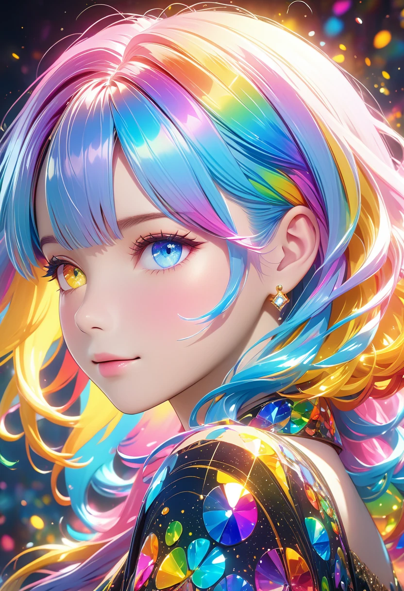 {{masterpiece}}, best quality, Extremely detailed CG unity 8k wallpaper, light, lens flare, eyes in beautiful detail, Black,  Side View,  Multi-colored hair, rich and colorful light, particle, Heterochromia, (rich and colorful:1.5), (rich and colorful hair:1.5),