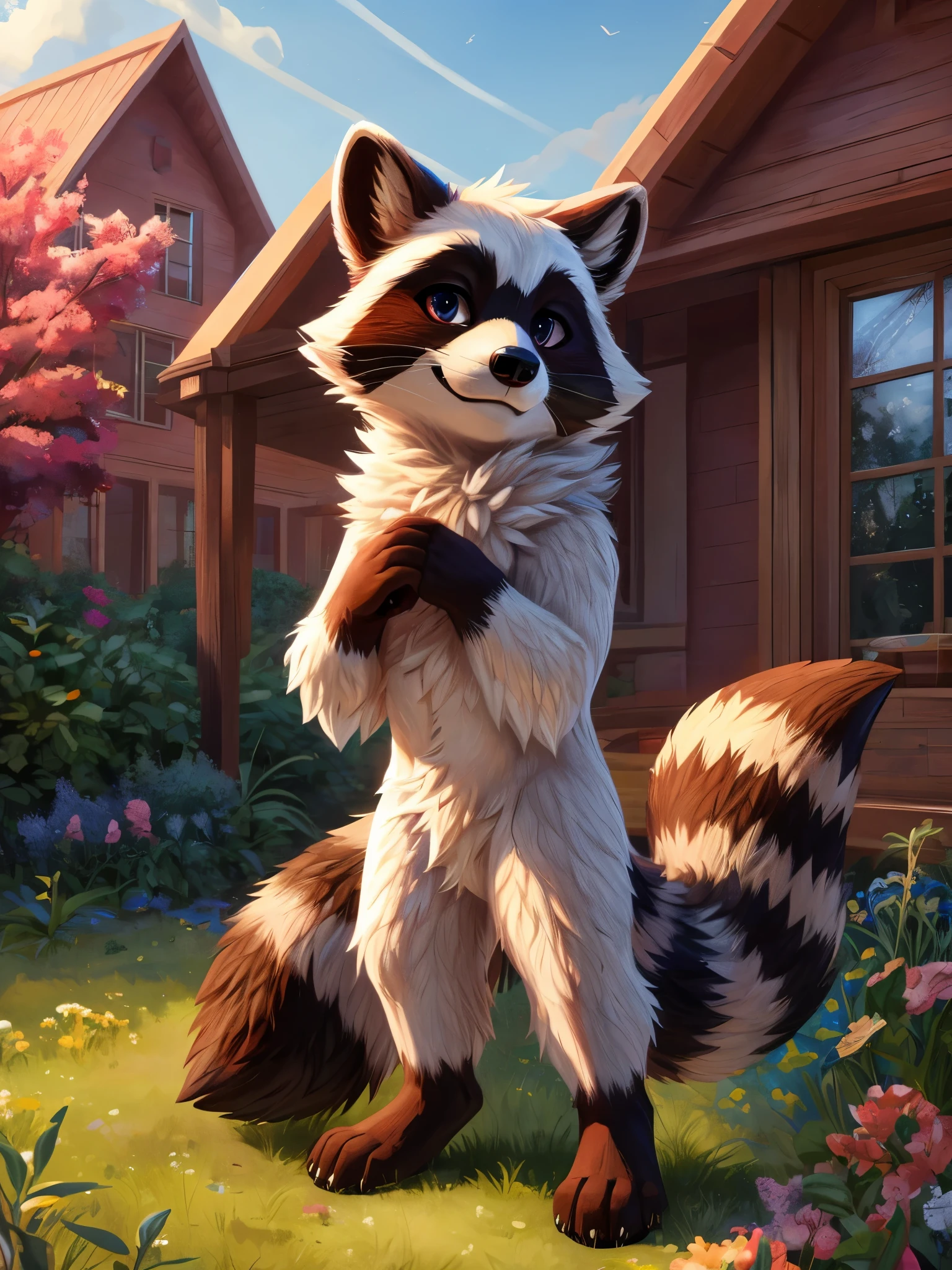 correctly eyes, clotheless, racoon, white chest fur, detailed fur, full body, looks cute, sexy eyes, happy face, happy pose, shows his paws, 1guy, male, fluffy fur, best quality, masterpiece, detailed, highres, top quality, best quality, a wide field of flowers in the background, 1tail
