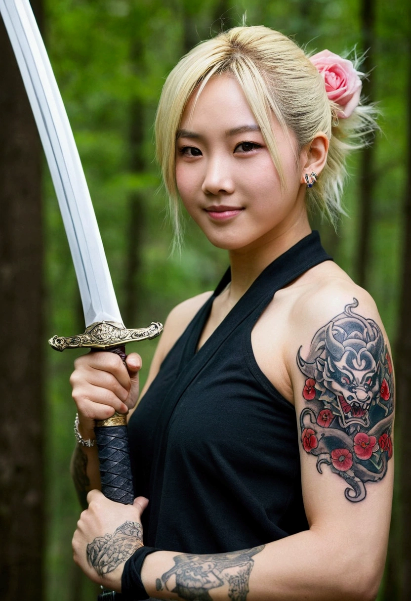 ２０Year、beautiful,、Cute Girls、Warrior、dragon tattoo on arm、Hold the Japanese sword in front of your body、Draw your sword and prepare、Sharp Eyes、Enemy&#39;s blood on his cheek、In the woods、Swordsman、Rose tattoo on chest、Blonde、Short Hair、Realistic Face、Swing down the sword、Hair in a ponytail、Delicate eyes、Smile a little、