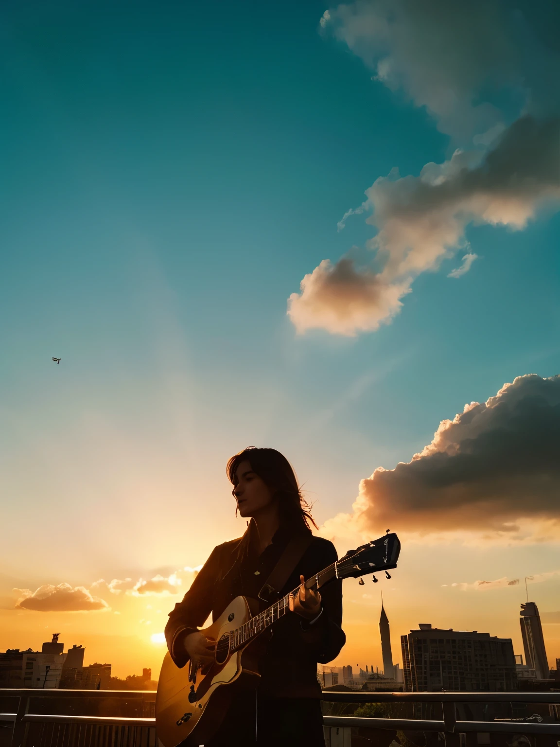 Realistic, 8k Full Length Portrait, good looking, 30-year-old male, attractive appearance, Facial details, ((play the guitar:1.2)),The Sunset Sun、Realistic,広大な都cityが広がる、The sun rises over the skyscraper army、The morning sun is beautiful、horizon,Composed々The sky is getting brighter、Huge autumn clouds、Vibrant colors、Sit on, wood, Hair length, city, silhouette