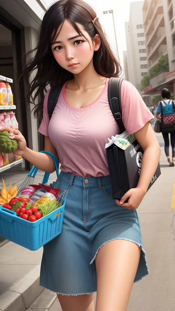 A young women struggling to carry groceries