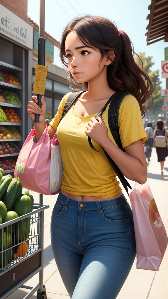 A young women struggling to carry groceries