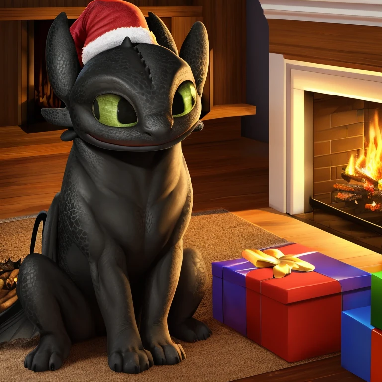 Masterpiece, best quality, solo (((quadruped feral toothless))) (black body, membranous wings, yellow green eyes), scales, (sitting, three-quarter view, half-length portrait, looking down at viewer, santa hat on his head,
wooden bistro, inside, fireplace, Night, (christmas, gifts, snowing day),
masterpiece, best quality, 4k, 2k, high detail, realistic, absurd res
