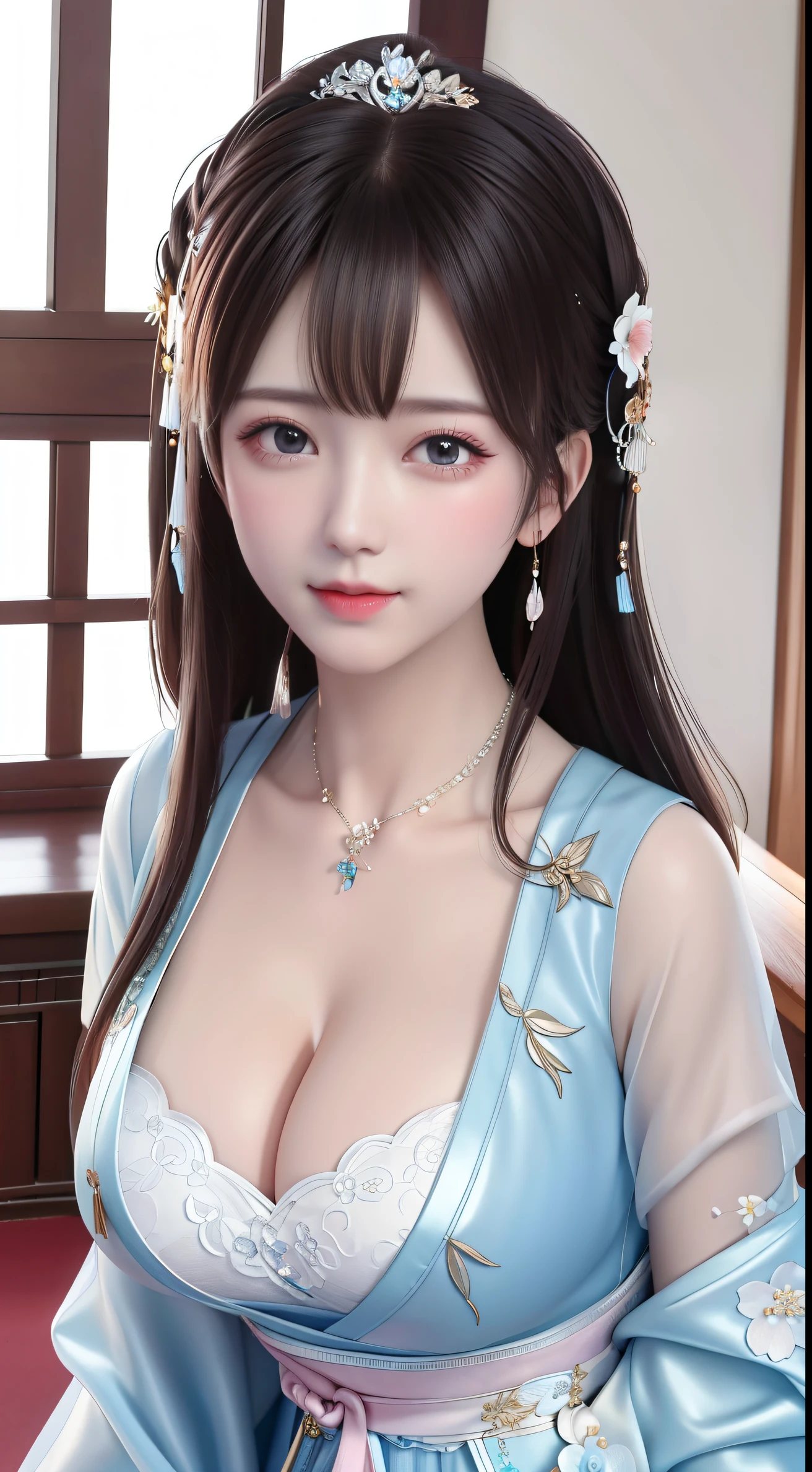 best quality, masterpiece, highres, 1girl,china dress,hair ornament,necklace, jewelry,Beautiful face,upon_body, tyndall effect,photorealistic, dark studio, rim lighting, two tone lighting,(high detailed skin:1.2), 8k uhd, dslr, soft lighting, high quality, volumetric lighting, candid, Photograph, high resolution, 4k, 8k, Bokeh, Wet-ed Hanfu open V-chested clothes, All pictures, Wet body of thin silk fabric, Thin silk lace petticoat,princess 10 yeald cute, (huge ,cleavage),t, white pink, blue ,best qualtiy,tmasterpiece,Ultra-high resolution,(Reality:1.4),RAW photogr,(True skin texture:1.3),(filmgrain:1.3),(Selfie angle),nt Breast Girl,Beautiful e face details,tmasterpiece,Best quality at best,exposing thighs,Bigchest,The chest is more exposed, pattern on fabric