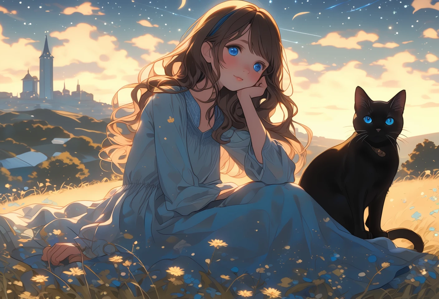 A girl, blue eyes, lying on a moonlit hill, stargazing at the vastness of the universe. A black cat is sitting beside her. Highly detailed