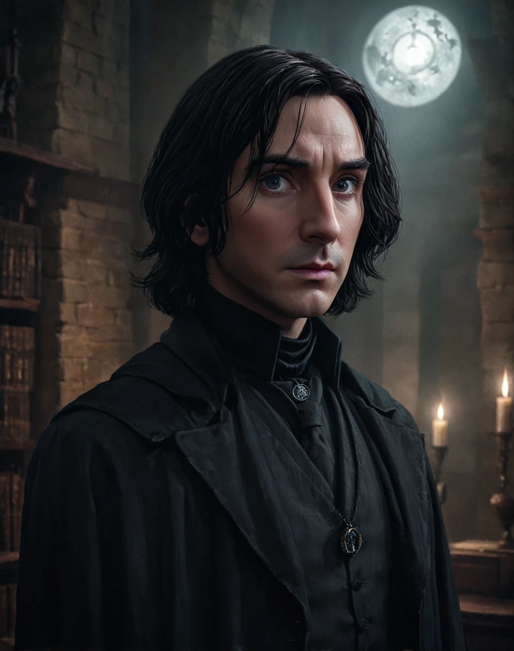 a young wizard student severus snape with rattlesnake eyes, detailed face and eyes, dramatic lighting, moody atmosphere, dark academia aesthetic, cinematic composition, digital painting