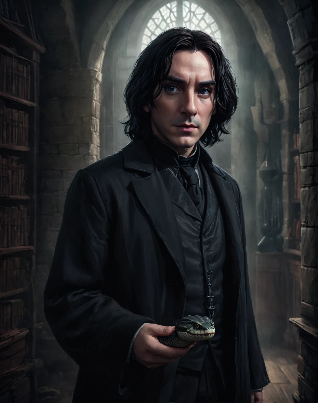 a young wizard student severus snape with rattlesnake eyes, detailed face and eyes, dramatic lighting, moody atmosphere, dark academia aesthetic, cinematic composition, digital painting