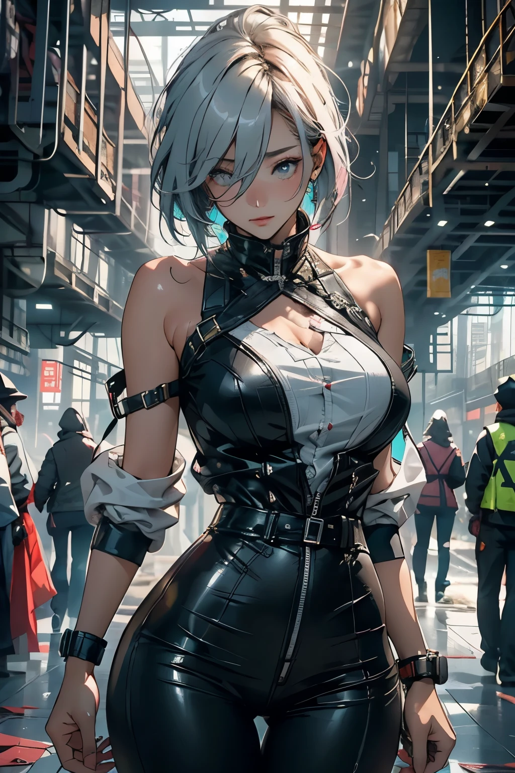 In the destroyed future city，身穿未来派盔甲的gender感女的中景照片，There are scratches and stains on the photo, fantasy, Science fiction, 美しい女genderな顔, charming, gender, haze, 明亮charming的眼睛, 戏剧gender, A masterpiece of the highest quality, Practical, familiar, 8K, Human Development Report, Shallow depth of field, Light, bloom, Light, Chromatic Aberration, concentrate,huge , Crazy breast swelling, Chest larger than shoulder blades, Big breasts and thin waist，(huge breasts:1.2)，Hydrated skin（（rogue））（（非常huge乳房）），（（Grooves reveal original skin）)