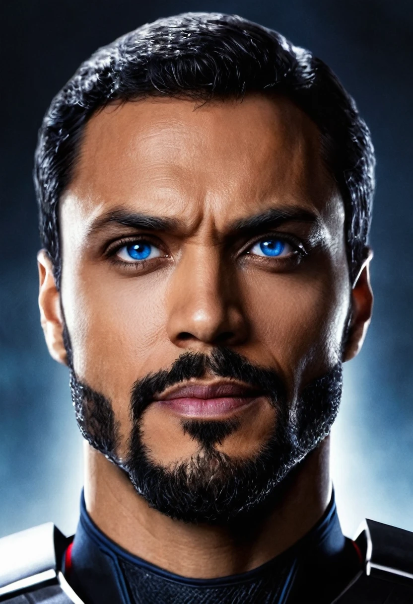 A portrait of DC Comics' Val-Zod whose facial features are a combo of Rege-Jean Page + Brandon P. Bell. Val-Zod has short black hair and blue eyes and a medium-brown complexion. Val-Zod is clean-shaven. Val-Zod looks kindly yet heroic and badass. Symmetrical eyes. Symmetrical face. Great details. Photorealistic. Full-colored photo. Professional photo. Highly detailed 8K.